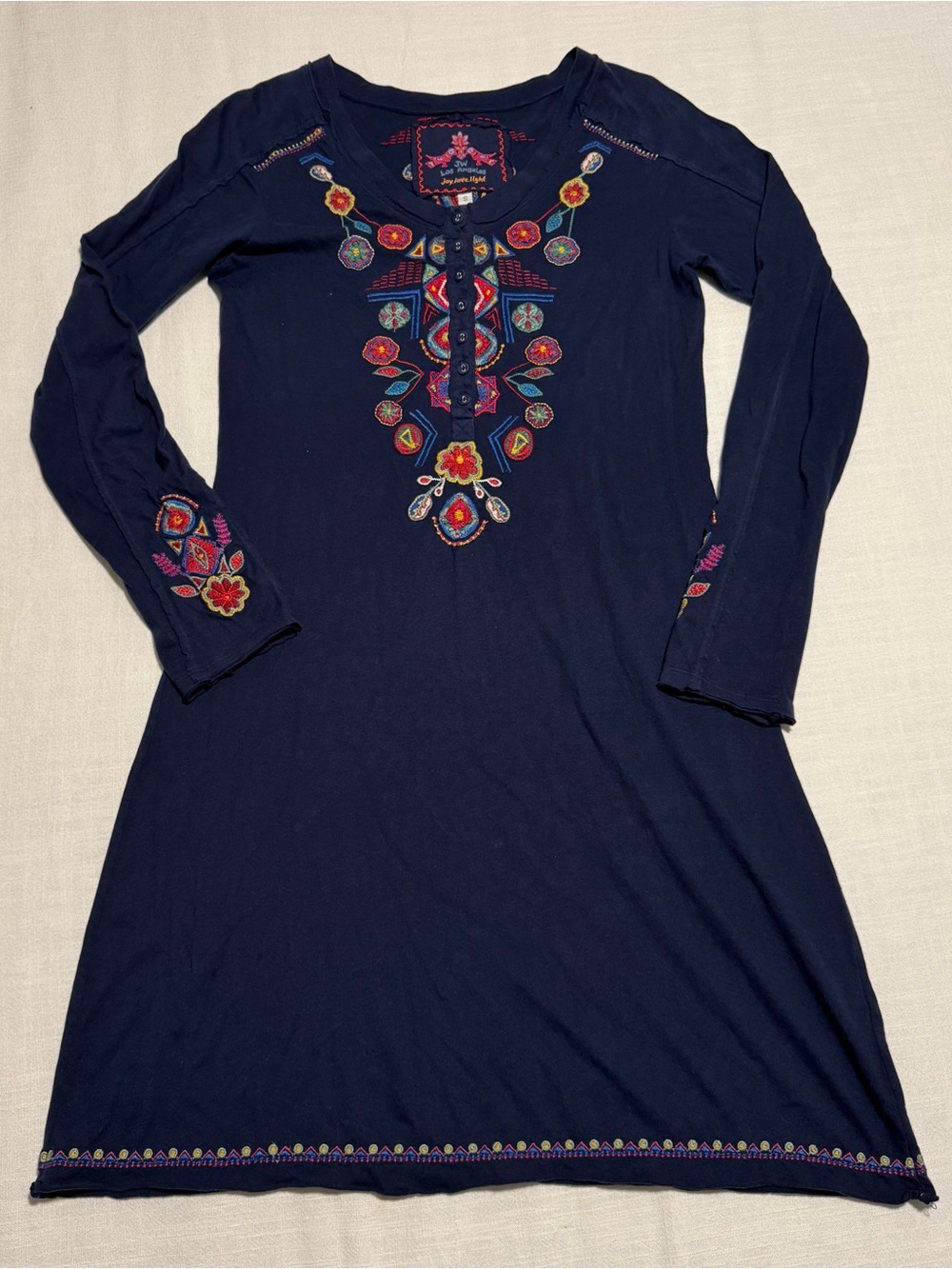 Johnny Was Navy Blue Embroidered Long Sleeve Cotton Dress | Size Small